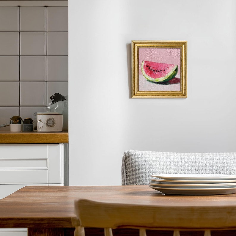 Mini Oil Painting of Watermelon Slice in Gold Frame, Small Fruit Wall Art for Kitchen Decor, Still Life Art Gift for Him or Her