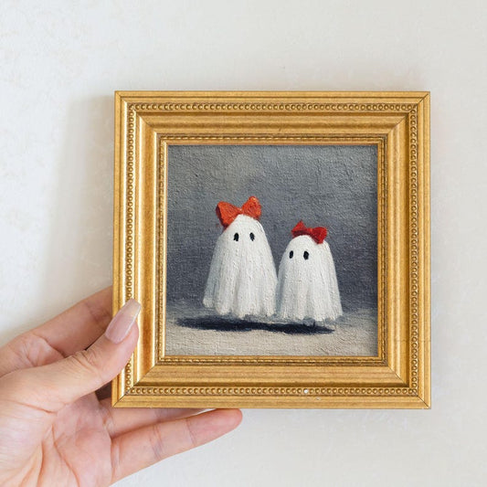 Hand-Painted Halloween Ghost Oil Painting - Whimsical Miniature Gold Frame