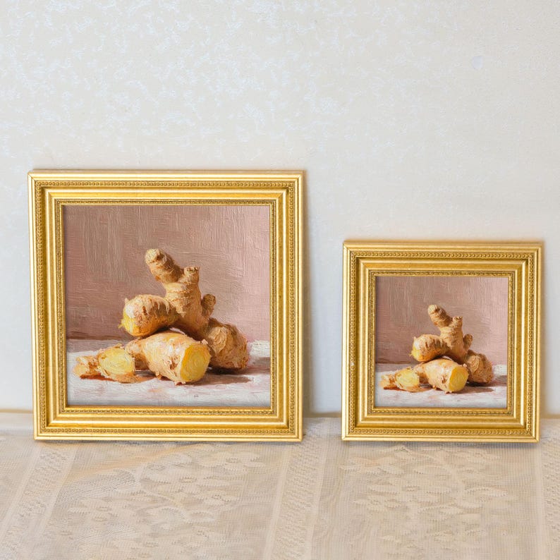 Mini Ginger Root Oil Painting: Rustic Kitchen Still Life in Gold Frame