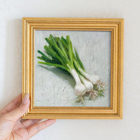 Mini Green Onions Oil Painting in Gold Frame, Rustic Fall Kitchen Wall Decor , Still Life Art Gift for Wall Art Decor Lover
