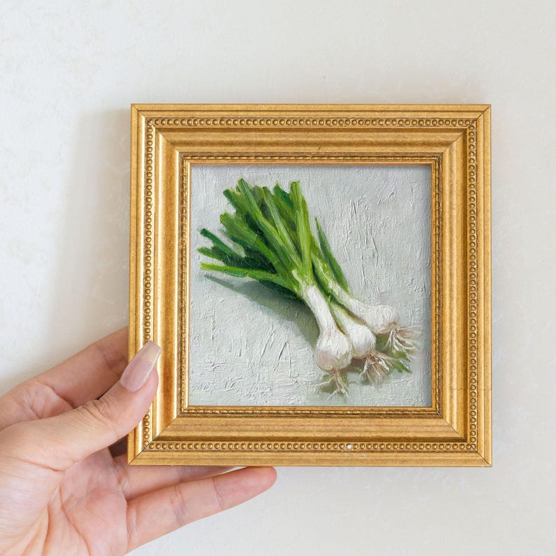 Mini Green Onions Oil Painting in Gold Frame, Rustic Fall Kitchen Wall Decor , Still Life Art Gift for Wall Art Decor Lover