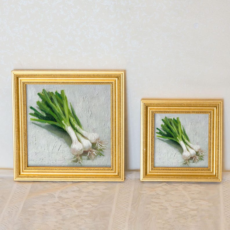 Mini Green Onions Oil Painting in Gold Frame, Rustic Fall Kitchen Wall Decor , Still Life Art Gift for Wall Art Decor Lover