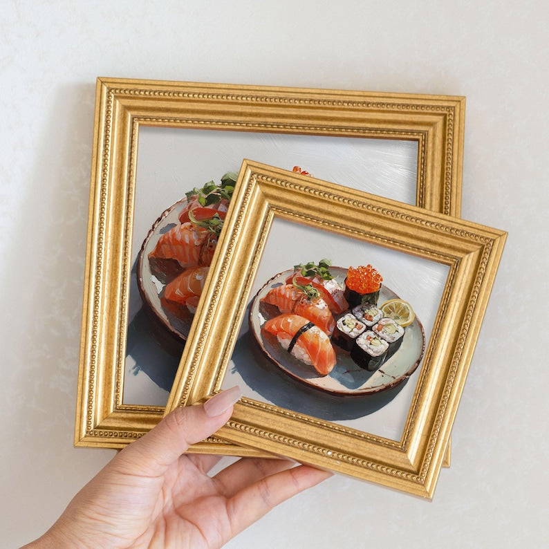 Mini Sushi Oil Painting: Japanese Food Art, Gold Frame
