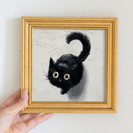 Mini Black Cat Oil Painting in Gold Frame: Quirky Home Decor