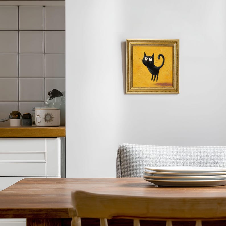 Mini Jumping Cat Oil Painting in Gold Frame: Quirky Home Decor