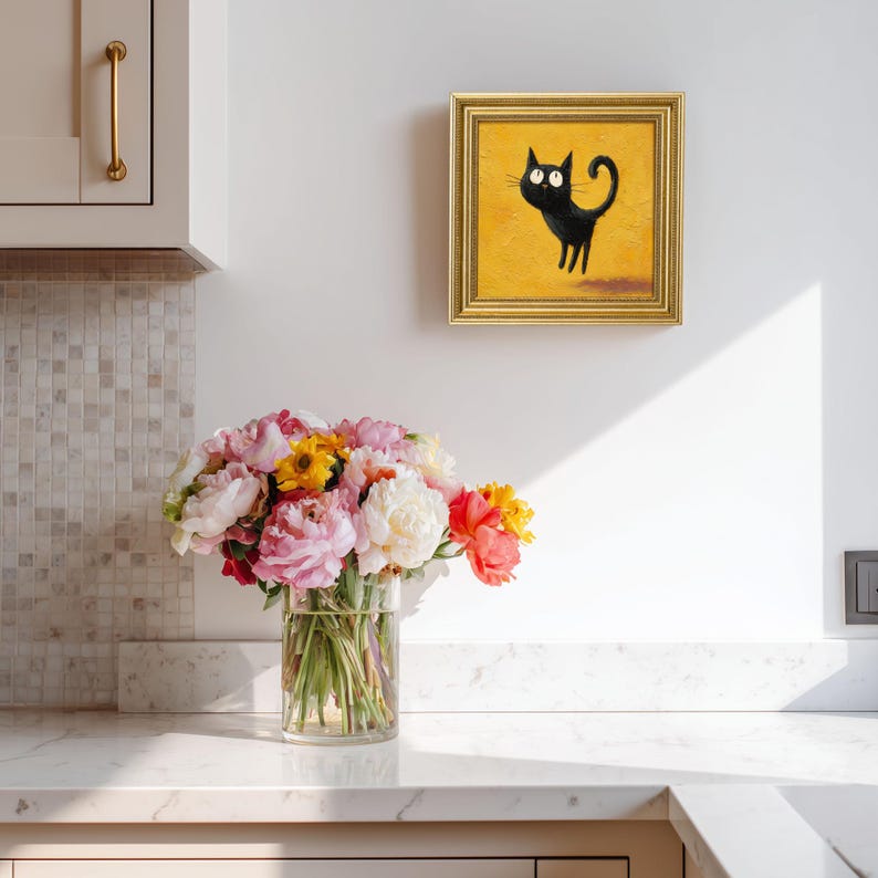 Mini Jumping Cat Oil Painting in Gold Frame: Quirky Home Decor