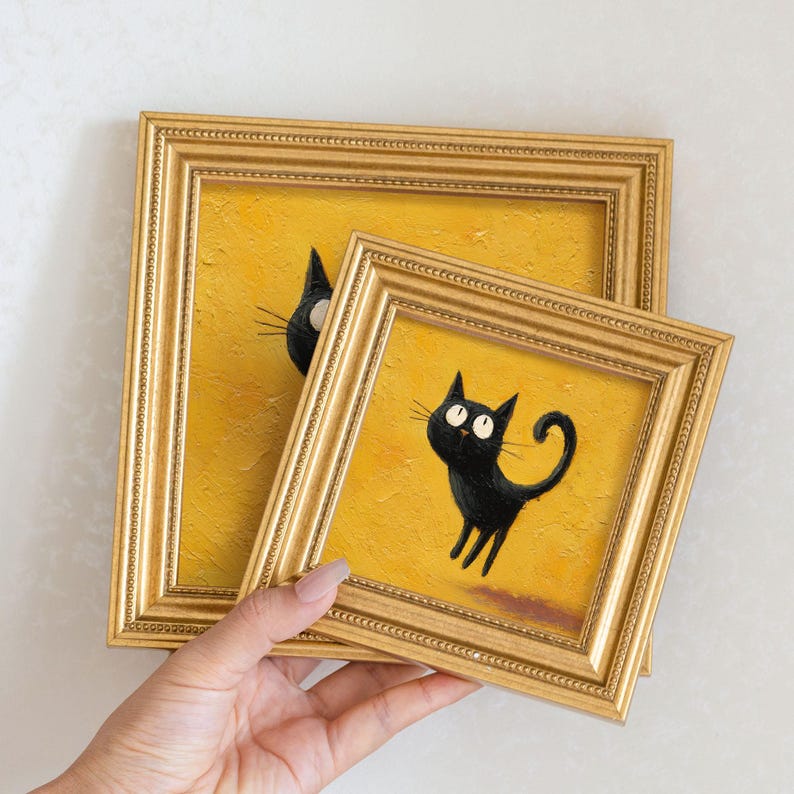 Mini Jumping Cat Oil Painting in Gold Frame: Quirky Home Decor