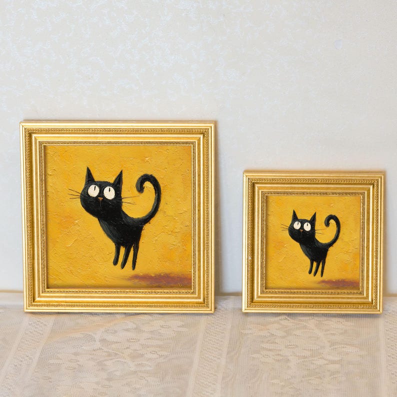 Mini Jumping Cat Oil Painting in Gold Frame: Quirky Home Decor