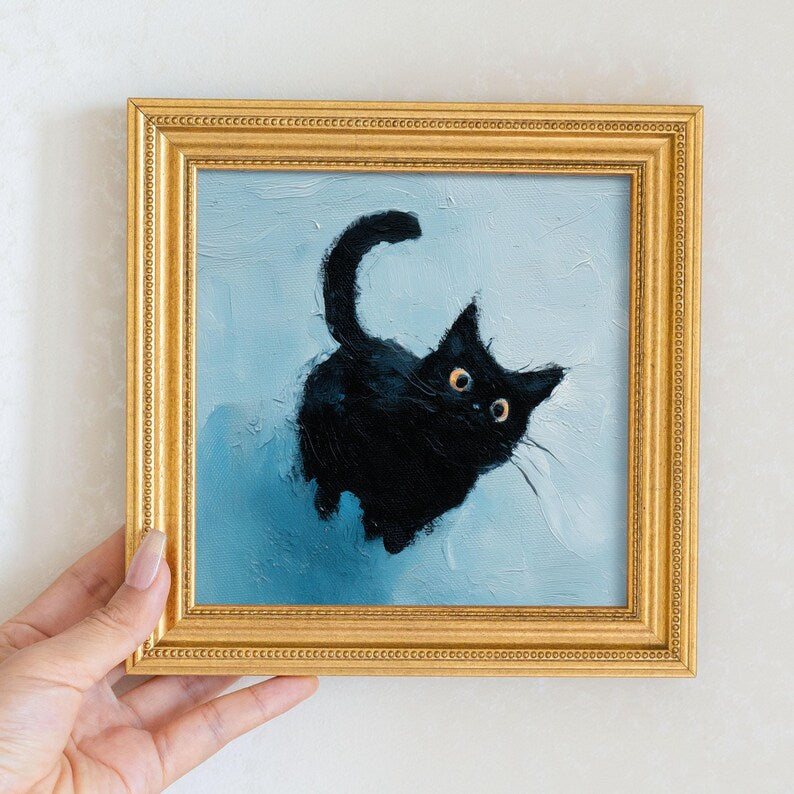 Mini Black Cat Oil Painting in Gold Frame: Quirky Home Decor