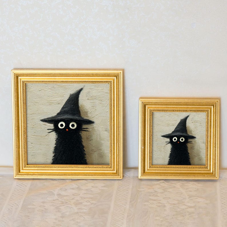 Mini Witch Cat Oil Painting in Gold Frame, Halloween Gift for Cat Lovers and Wall Decor Fans, Original Painting for House and Office Decor
