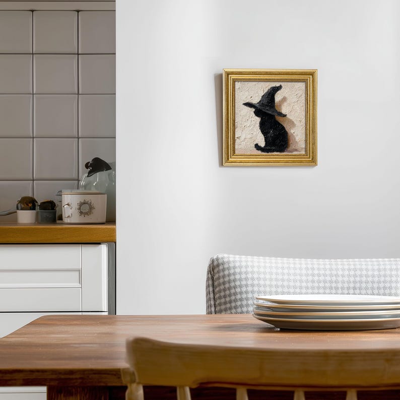 Mini Witch Cat Oil Painting in Gold Frame, Halloween Gift for Cat Lovers and Wall Decor Fans, Original Painting for House and Office Decor