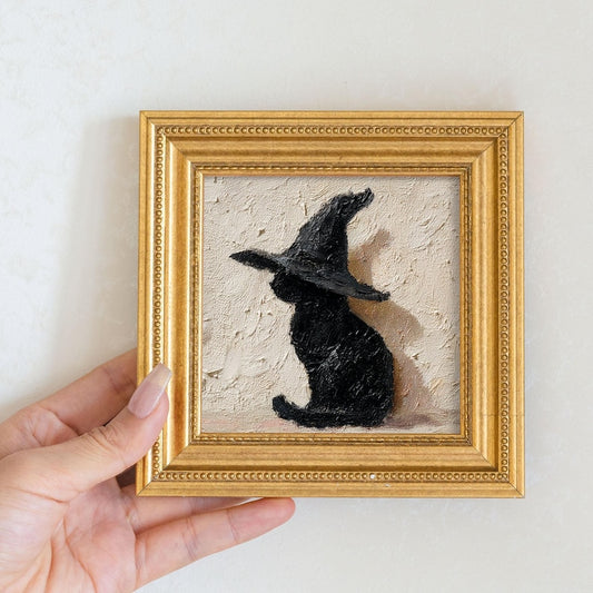 Mini Witch Cat Oil Painting in Gold Frame, Halloween Gift for Cat Lovers and Wall Decor Fans, Original Painting for House and Office Decor