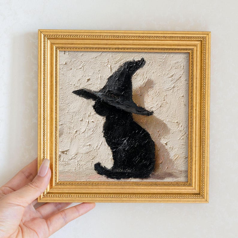 Mini Witch Cat Oil Painting in Gold Frame, Halloween Gift for Cat Lovers and Wall Decor Fans, Original Painting for House and Office Decor