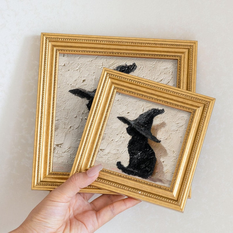 Mini Witch Cat Oil Painting in Gold Frame, Halloween Gift for Cat Lovers and Wall Decor Fans, Original Painting for House and Office Decor