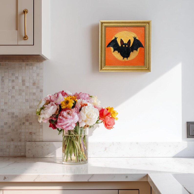 Hand-Painted Halloween Oil Painting of Bat, Spooky Cute Wall Art, Funny Miniature Gold Frame, Gothic Halloween Decor, Gift for Him or Her