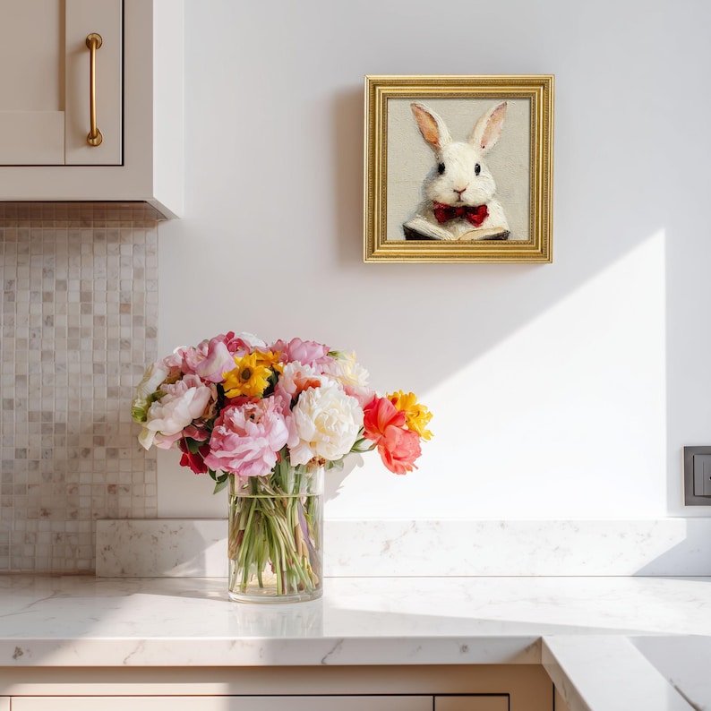 Hand-Painted Rabbit Oil Painting in Gold Frame: Mini Animal Wall Art
