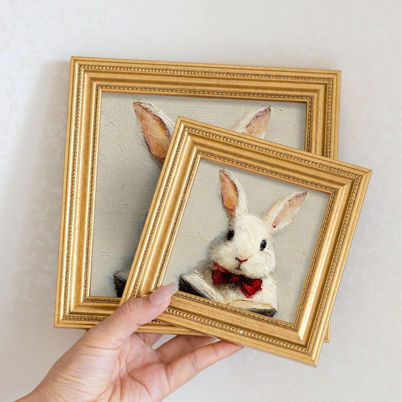 Hand-Painted Rabbit Oil Painting in Gold Frame: Mini Animal Wall Art