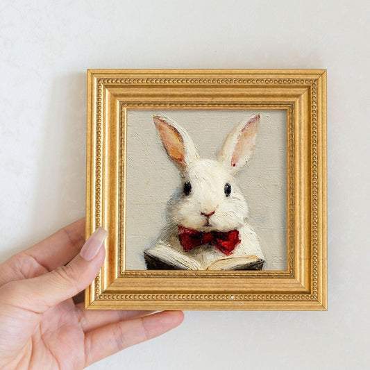 Hand-Painted Rabbit Oil Painting in Gold Frame: Mini Animal Wall Art