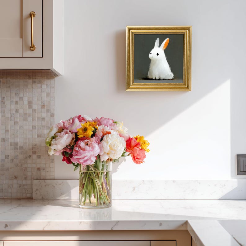 Mini Bunny Oil Painting in Gold Frame: Hand-Painted Rabbit Art