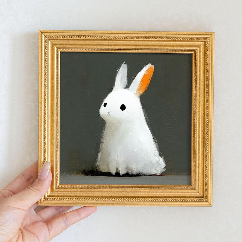Mini Bunny Oil Painting in Gold Frame: Hand-Painted Rabbit Art