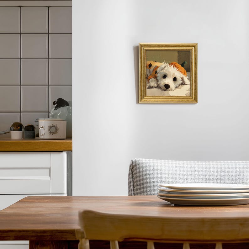 Hand-Painted Puppy Oil Painting in Gold Frame: Dog Lover Gift