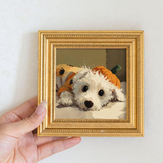 Hand-Painted Puppy Oil Painting in Gold Frame: Dog Lover Gift