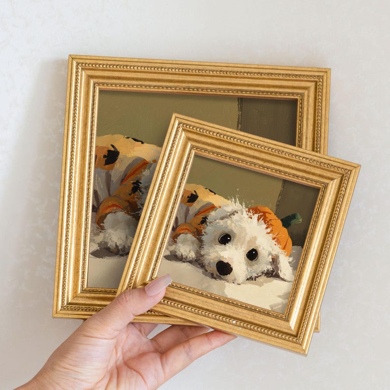 Hand-Painted Puppy Oil Painting in Gold Frame: Dog Lover Gift
