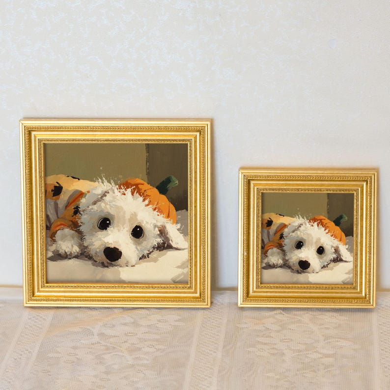 Hand-Painted Puppy Oil Painting in Gold Frame: Dog Lover Gift