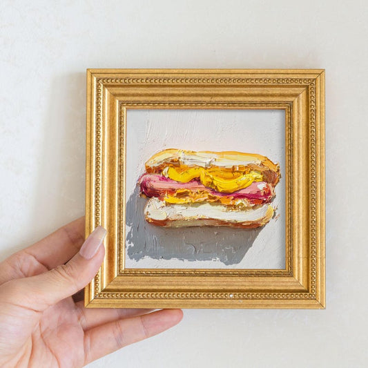 Hand-Painted Sandwich Oil Painting in Gold Frame: French Cafe Wall Art