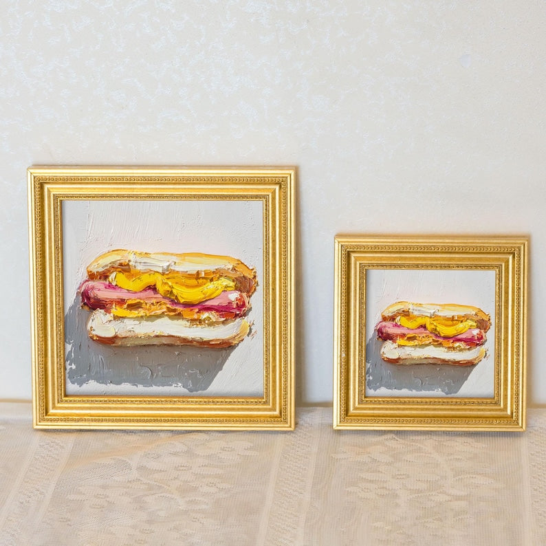 Hand-Painted Sandwich Oil Painting in Gold Frame: French Cafe Wall Art