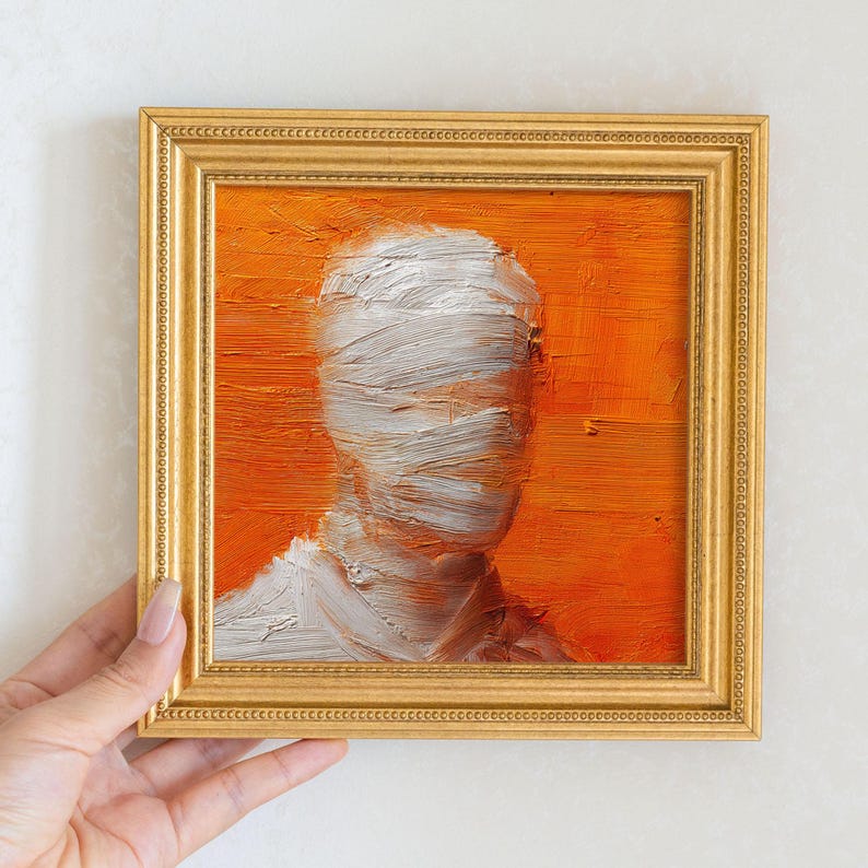 Mini Mummy Oil Painting in Gold Frame: Spooky Halloween Decor