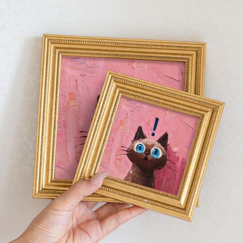Mini Siamese Cat Oil Painting: Framed Canvas Art, Gift for Cat Lovers