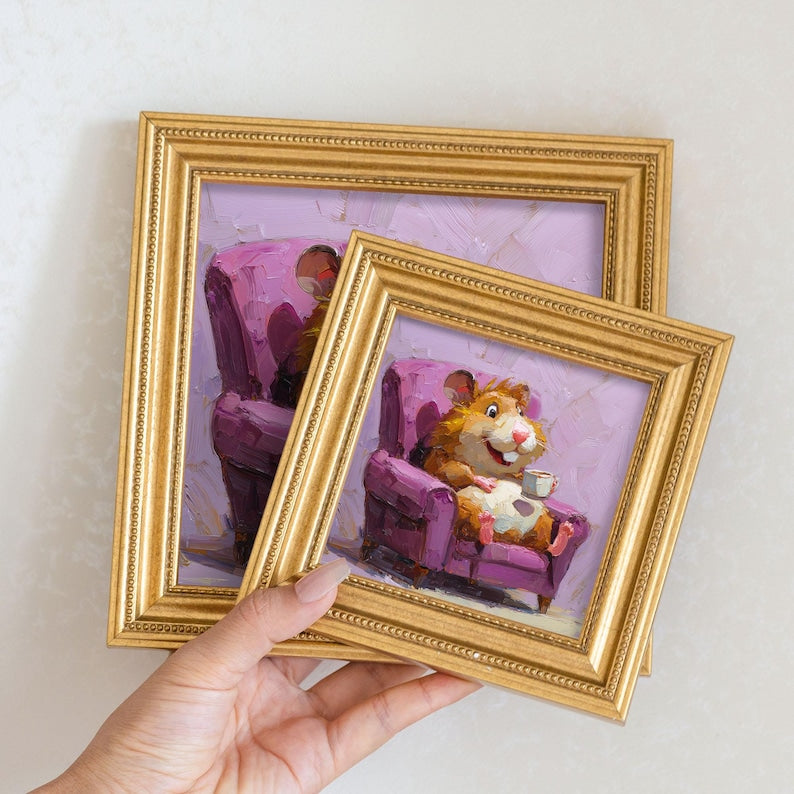 Mini Hamster Oil Painting: Golden Framed Animal Art