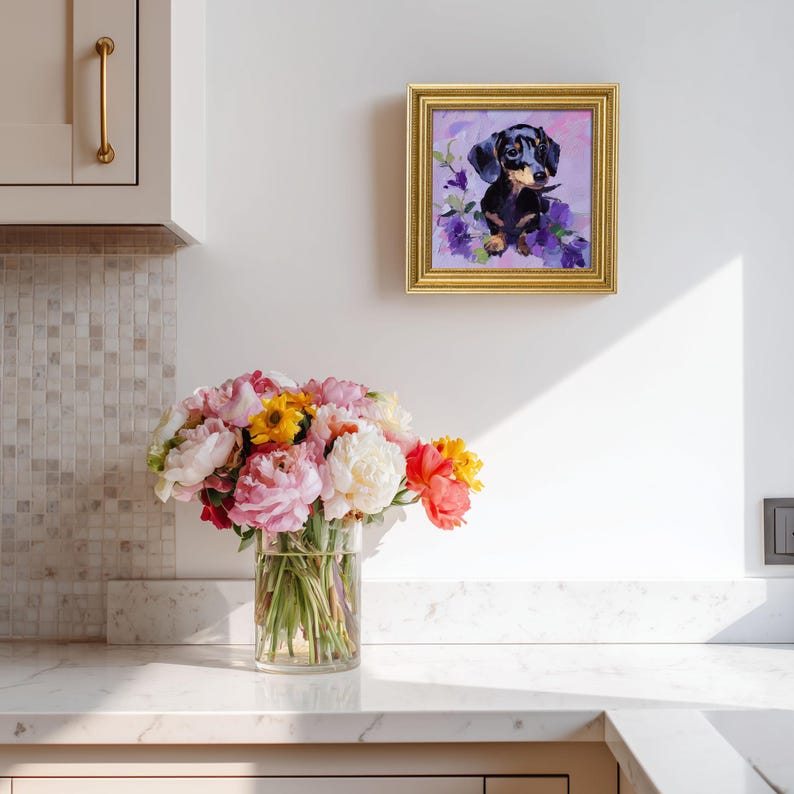 Mini Dachshund Dog with Flowers Oil Painting in Gold Frame, Cute Small Puppy Portrait, Hand-Painted Animal Wall Art Gift For Dog Lovers