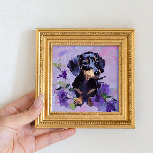 Mini Dachshund Dog with Flowers Oil Painting in Gold Frame, Cute Small Puppy Portrait, Hand-Painted Animal Wall Art Gift For Dog Lovers