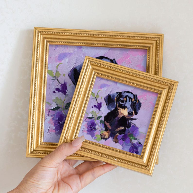 Mini Dachshund Dog with Flowers Oil Painting in Gold Frame, Cute Small Puppy Portrait, Hand-Painted Animal Wall Art Gift For Dog Lovers