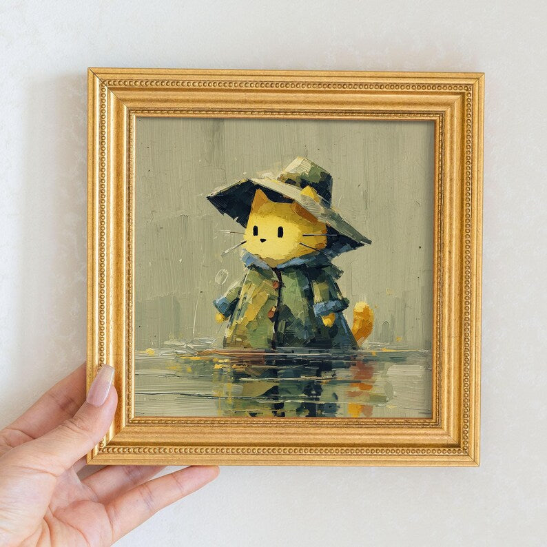 Mini Oil Painting: Cat in Raincoat, Golden Frame, Hand-Painted Cat Portrait