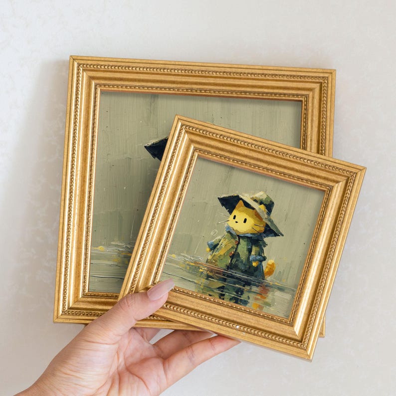 Mini Oil Painting: Cat in Raincoat, Golden Frame, Hand-Painted Cat Portrait