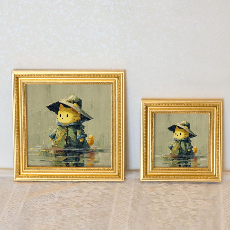 Mini Oil Painting: Cat in Raincoat, Golden Frame, Hand-Painted Cat Portrait