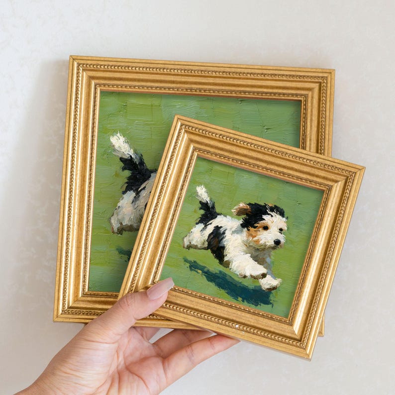 Mini Oil Painting: Running Dog, Beaded Golden Frame, Pet Wall Art