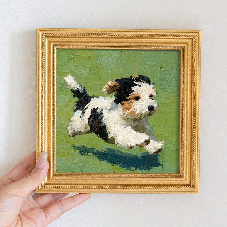 Mini Oil Painting: Running Dog, Beaded Golden Frame, Pet Wall Art