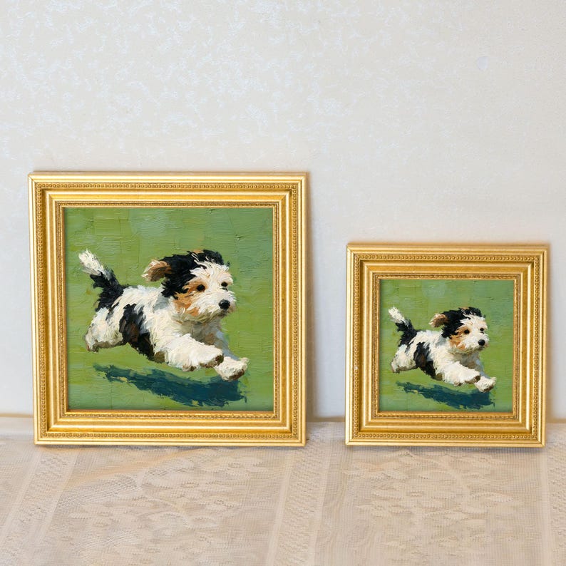Mini Oil Painting: Running Dog, Beaded Golden Frame, Pet Wall Art