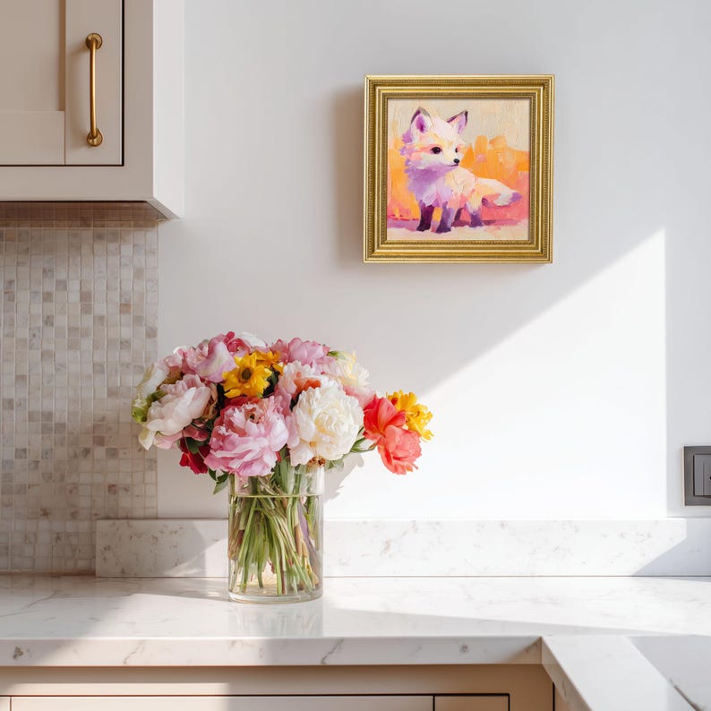 Miniature Purple Fox Oil Painting: Golden Beaded Frame, Hand-Painted Animal Art