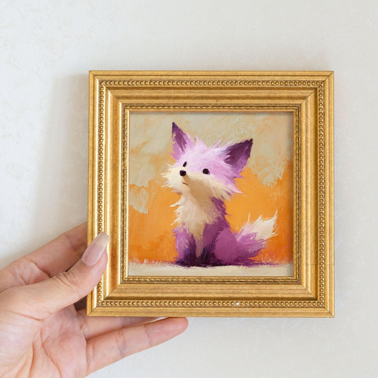 Mini Purple Fox Oil Painting: Golden Beaded Frame, Woodland Art