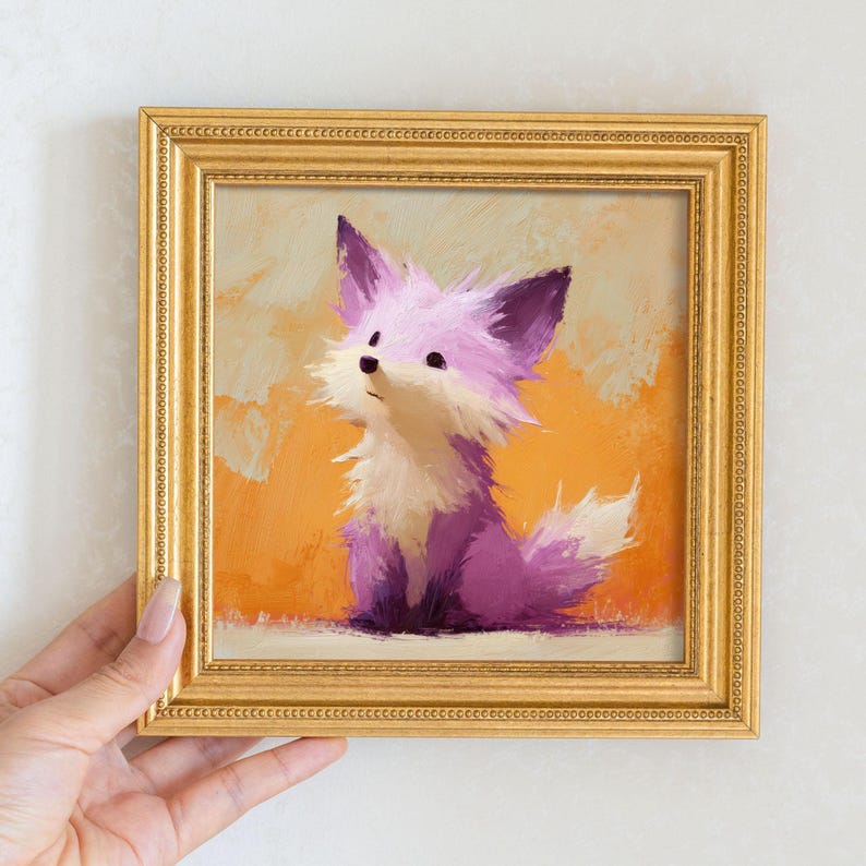 Mini Purple Fox Oil Painting: Golden Beaded Frame, Woodland Art
