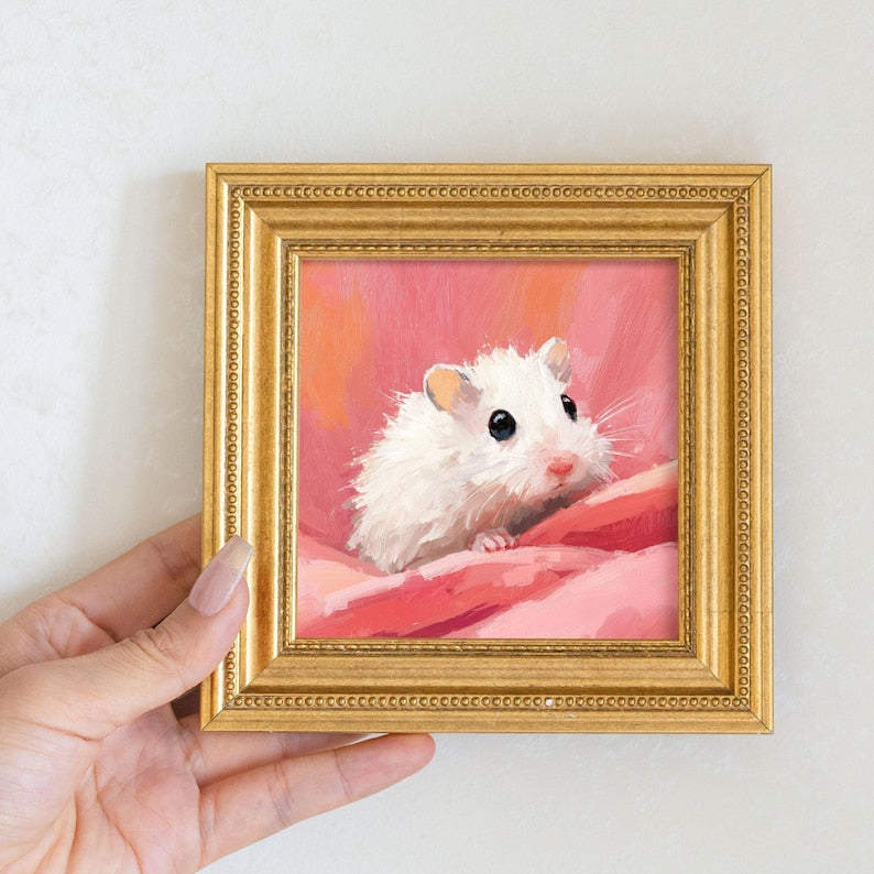 Mini Oil Painting of White Hamster, Small Golden Beaded Frame Cute Pet Wall Art Decor, Hand-Painted Animal Artwork, Gift For Hamster Lovers