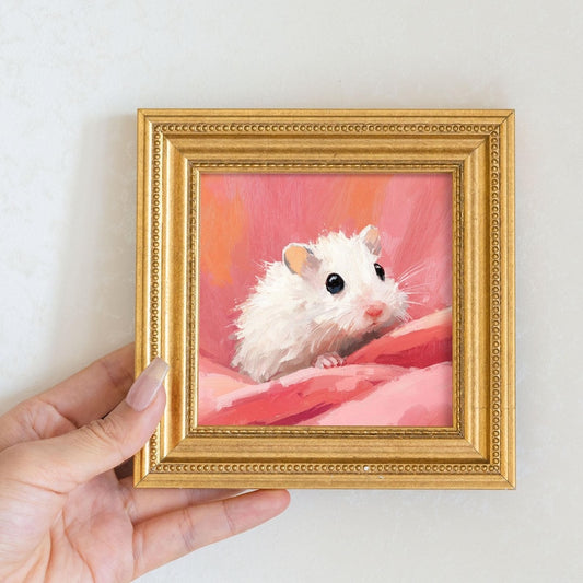 Mini Oil Painting of White Hamster, Small Golden Beaded Frame Cute Pet Wall Art Decor, Hand-Painted Animal Artwork, Gift For Hamster Lovers