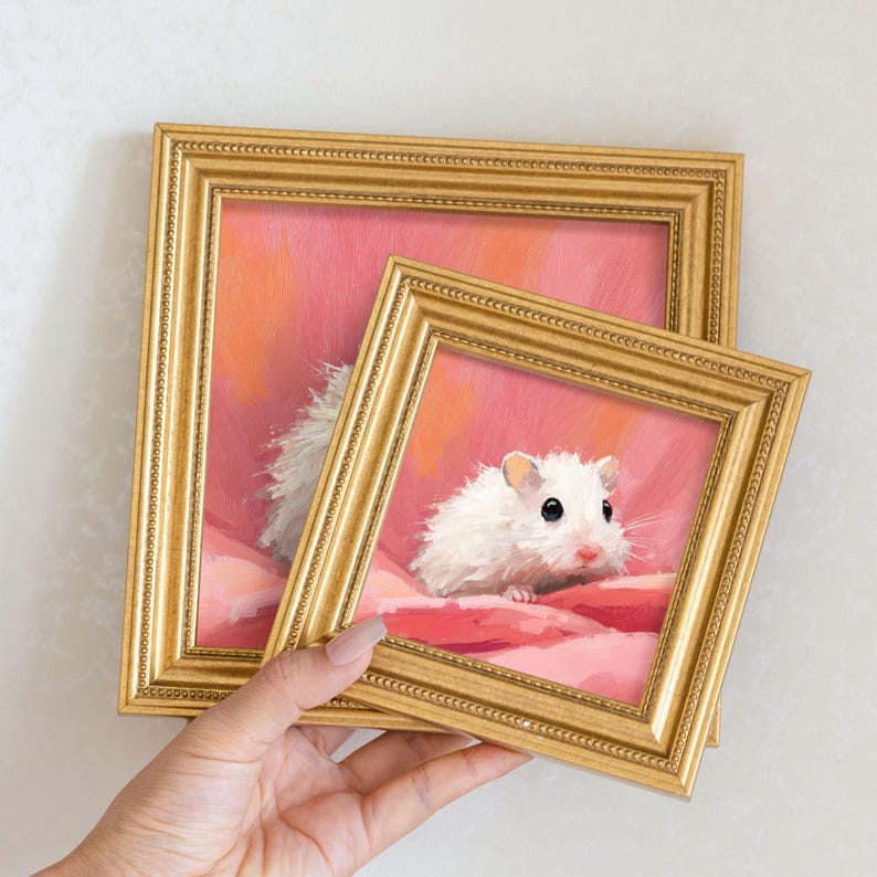 Mini Oil Painting of White Hamster, Small Golden Beaded Frame Cute Pet Wall Art Decor, Hand-Painted Animal Artwork, Gift For Hamster Lovers