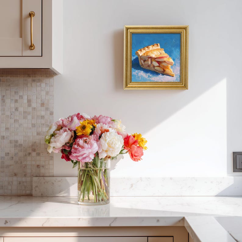 Mini Apple Pie Oil Painting: Rustic Kitchen Still Life in Gold Frame
