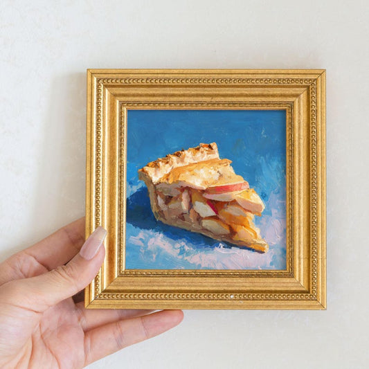 Mini Apple Pie Oil Painting: Rustic Kitchen Still Life in Gold Frame